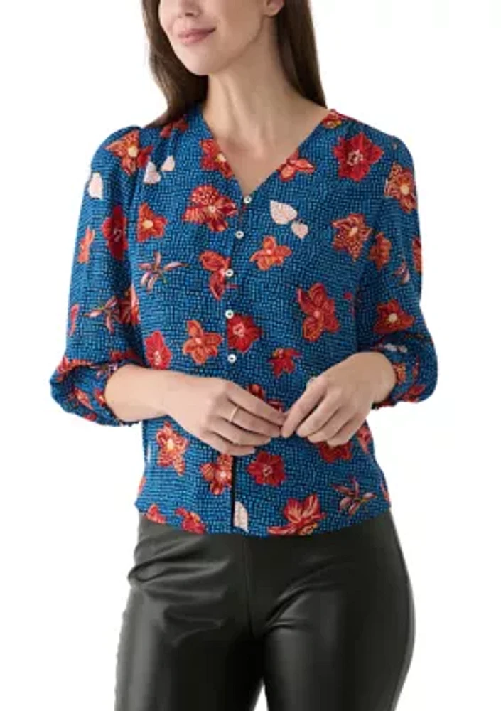 Women's 3/4 Sleeve V-Neck Printed Blouse