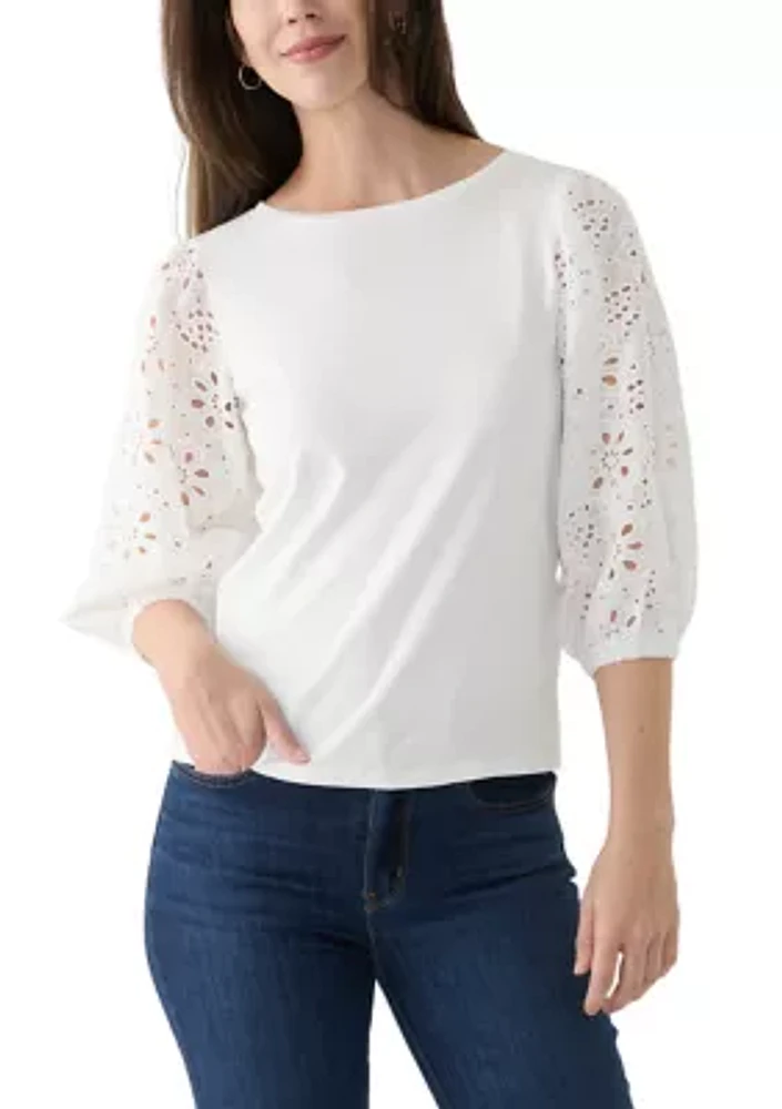 Women's 3/4 Sleeve Pleated Eyelet Knit Top