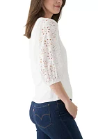 Women's 3/4 Sleeve Pleated Eyelet Knit Top