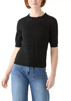 Women's Short Sleeve Scallop Neck Heart Pointelle Sweater