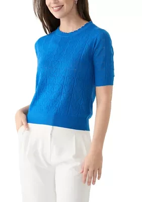 Women's Short Sleeve Scallop Neck Heart Pointelle Sweater