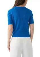 Women's Short Sleeve Scallop Neck Heart Pointelle Sweater