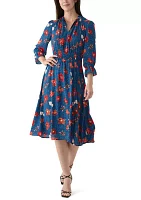 Women's 3/4 Sleeve Split Neck Smocked Waist Printed Dress