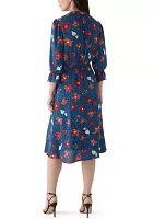 Women's 3/4 Sleeve Split Neck Smocked Waist Printed Dress