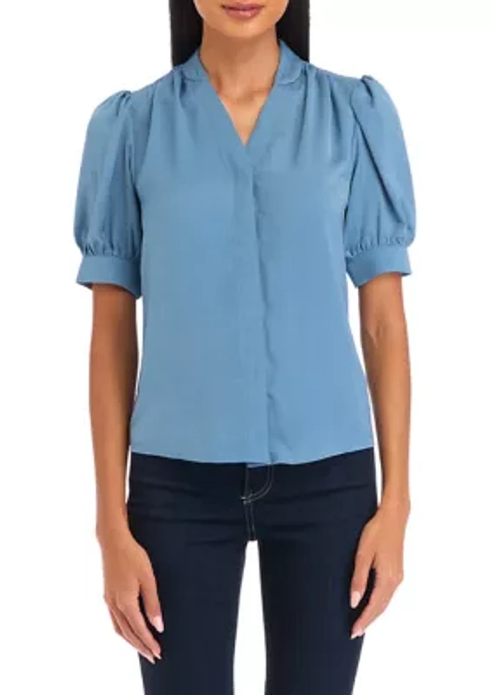 Petite Short Sleeve Satin Blouse with Shirring