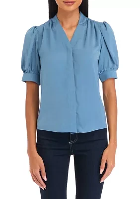 Petite Short Sleeve Satin Blouse with Shirring