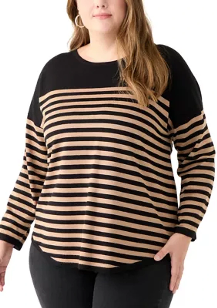 Plus Long Sleeve Drop Shoulder Crew Neck Intarsia Sweater