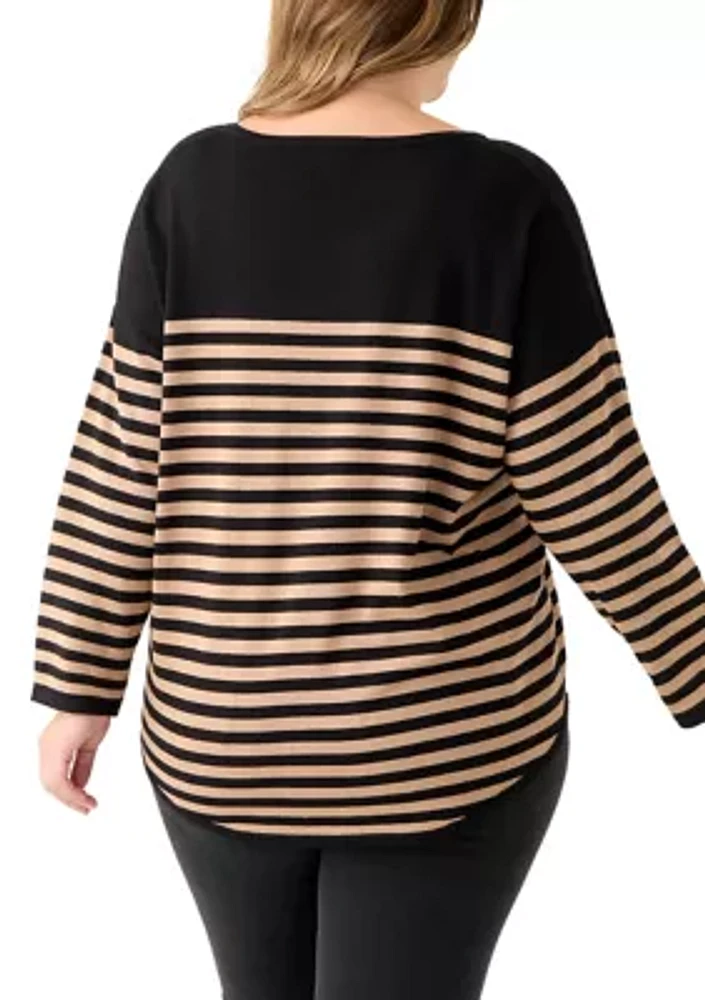 Plus Long Sleeve Drop Shoulder Crew Neck Intarsia Sweater