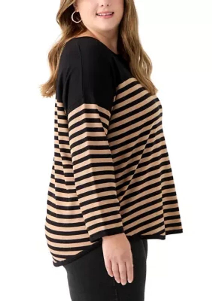 Plus Long Sleeve Drop Shoulder Crew Neck Intarsia Sweater