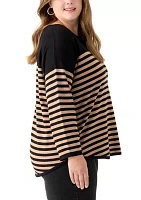 Plus Long Sleeve Drop Shoulder Crew Neck Intarsia Sweater