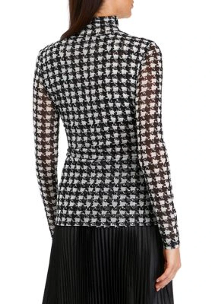 Long Sleeve Houndstooth Print Mesh Top