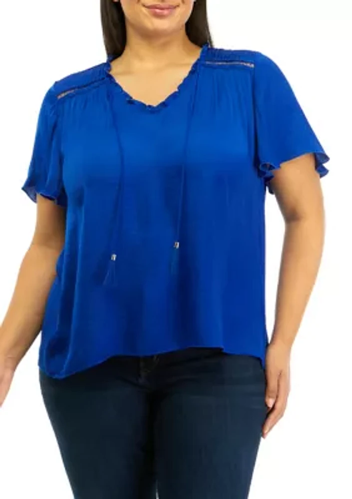 Plus Airflow Flutter Sleeve V-Neck Tie Front Blouse