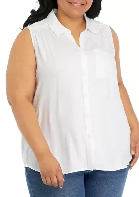 Plus Sleeveless Collared Button Down Top