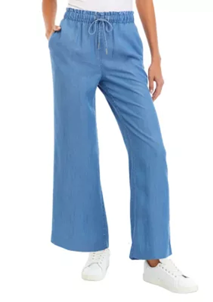 Petite Denim Pull On Waist Wide Leg Pants