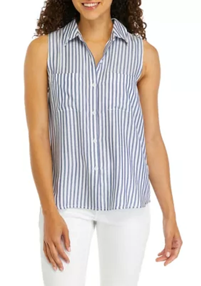 Petite Sleeveless Button Up Collared Blouse