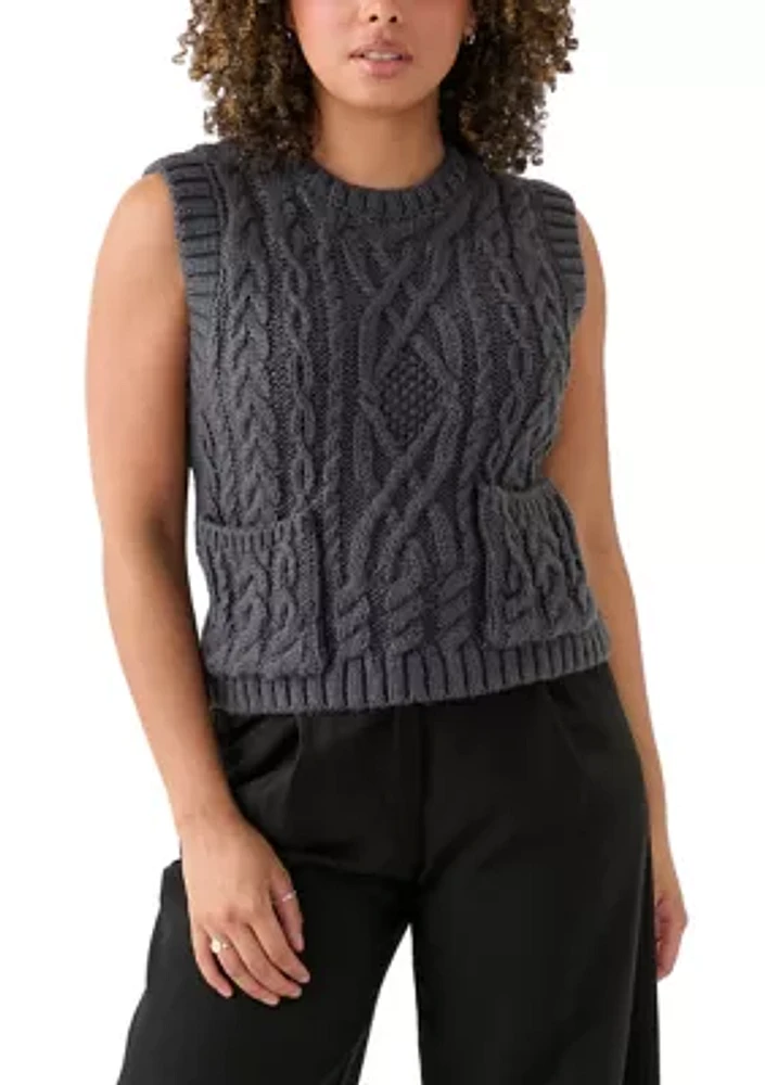 Women's Sleeveless Crew Neck Cable Knit Sweater Vest with Pockets