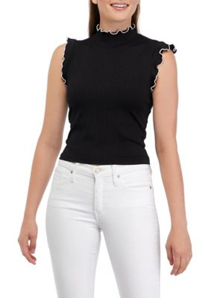 Women's Ruffle Sleeve Mock Neck Ribbed Top