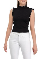 Women's Ruffle Sleeve Mock Neck Ribbed Top