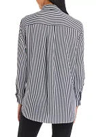 Petite Long Sleeve Collared Button Front Tunic Shirt