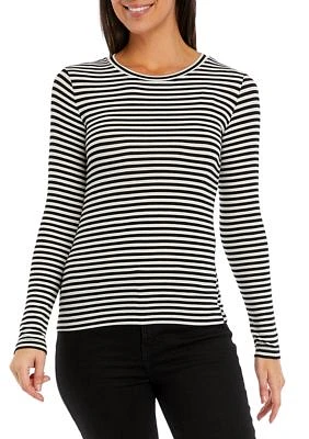 Women's Long Sleeve Ribbed Striped Crew Neck T-Shirt