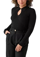 Women's Long Sleeve Collared Ribbed Sweater with Keyhole