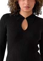 Women's Long Sleeve Collared Ribbed Sweater with Keyhole