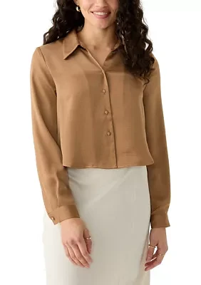 Women's Long Sleeve Satin Effect Cropped Collared Shirt