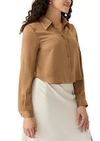 Women's Long Sleeve Satin Effect Cropped Collared Shirt