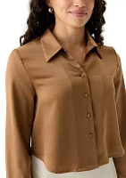 Women's Long Sleeve Satin Effect Cropped Collared Shirt