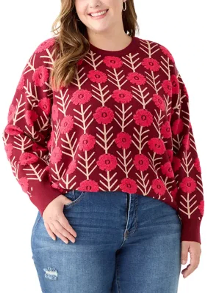 Plus Long Sleeve Floral Crew Sweater