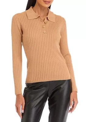 Petite Ribbed Polo Collar Button Placket Sweater