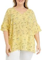 Plus Elbow V-Neck Woven Blouse with Ruffle Sleeve Detail