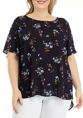 Plus Short Sleeve Printed Top with Pleated Back