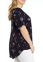 Plus Short Sleeve Printed Top with Pleated Back