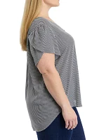 Plus Short Tulip Sleeve V-Neck Stripe Blouse