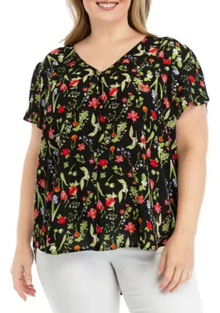 Plus Short Tulip Sleeve V-Neck Floral Print Blouse