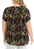 Plus Short Tulip Sleeve V-Neck Floral Print Blouse