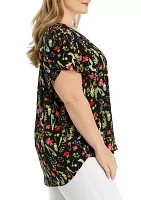 Plus Short Tulip Sleeve V-Neck Floral Print Blouse