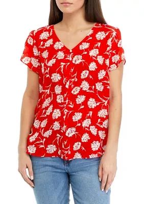 Petite Short Tulip Sleeve V-Neck Printed Blouse