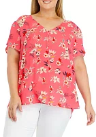 Plus Short Petal Sleeve V-Neck Blouse