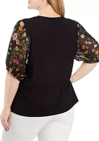 Plus Elbow Woven Sleeve Mixed Media Top