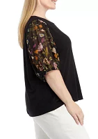 Plus Elbow Woven Sleeve Mixed Media Top