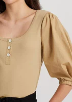 Stretch Cotton Puff Sleeve Henley T-Shirt