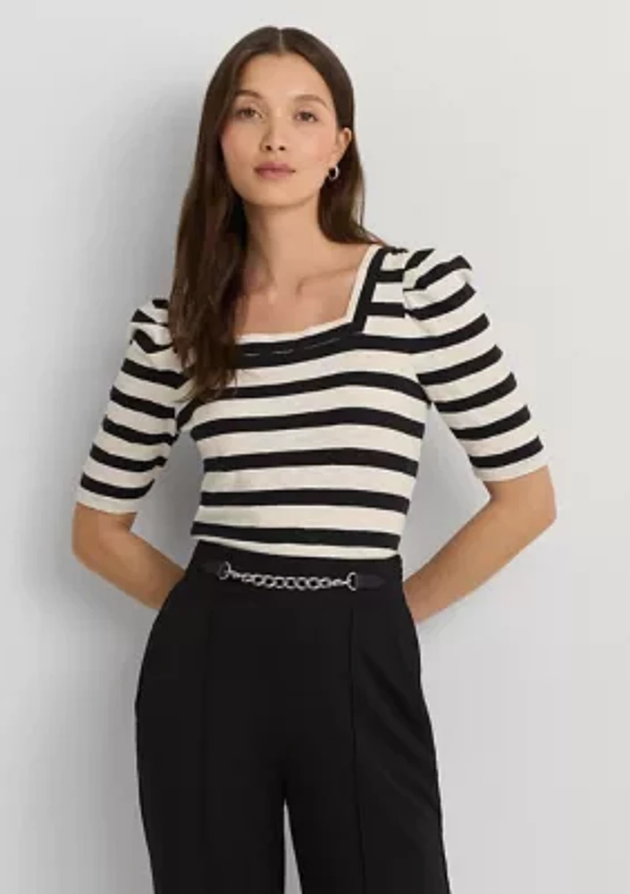 Striped Cotton Jersey Puff Sleeve T-Shirt