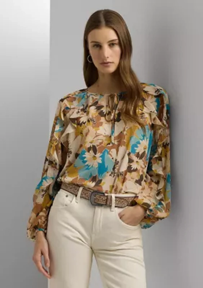 Women's Floral Crinkle Georgette Tie-Neck Blouse