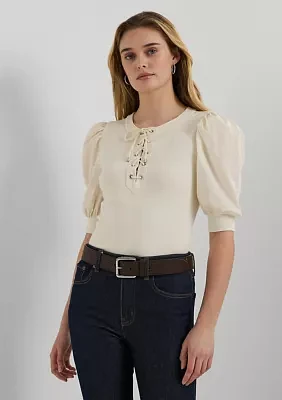 Lace Up Stretch Cotton Puff Sleeve Top