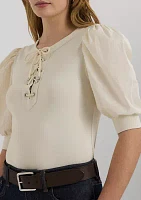 Lace Up Stretch Cotton Puff Sleeve Top