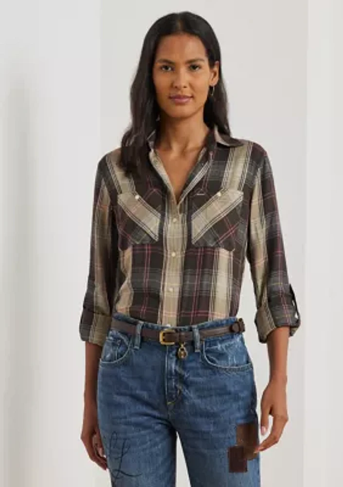 Relaxed Fit Plaid Roll Tab Sleeve Shirt