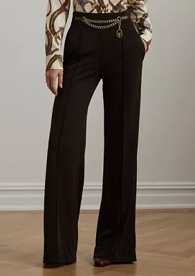 Chain Trim Pleated Jersey Wide Leg Pants