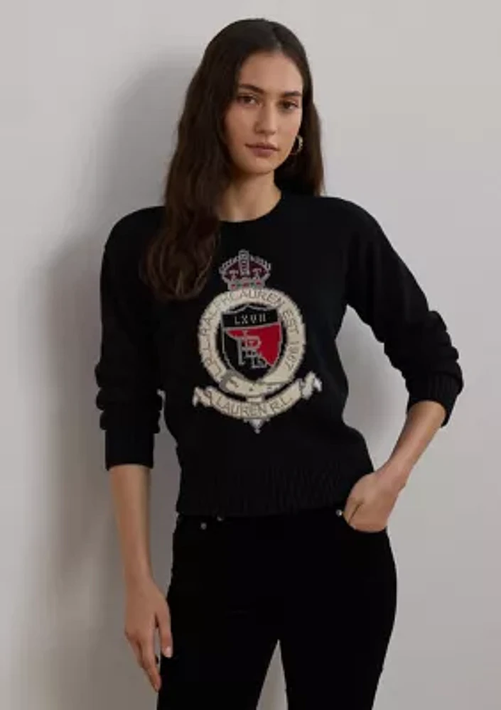 Intarsia Knit Crest Cotton Sweater